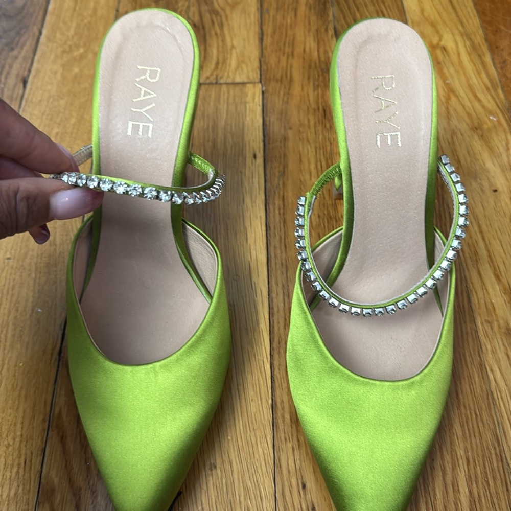 RAYE Neon Green Crystal-Embellished Pointed Satin Mules - Picture 2 of 5